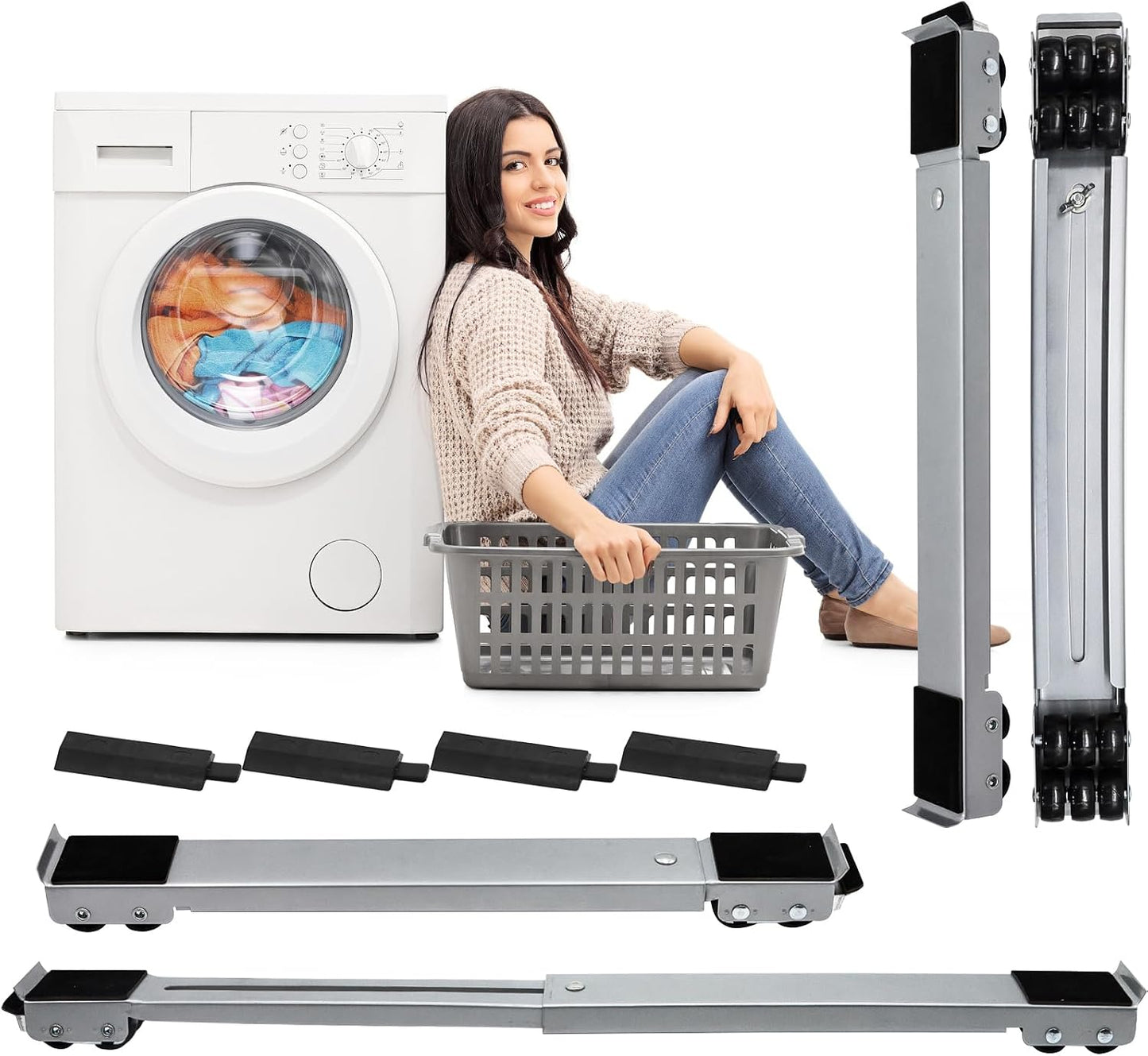 Extendable Furniture Appliances Rollers, Mover Tools for Moving, Black | 24 Roller & Brake Equipment for Heavy Washing Machine Refrigerator for Mobile Wheels Strong Base Stand Hold Up to 660 lb