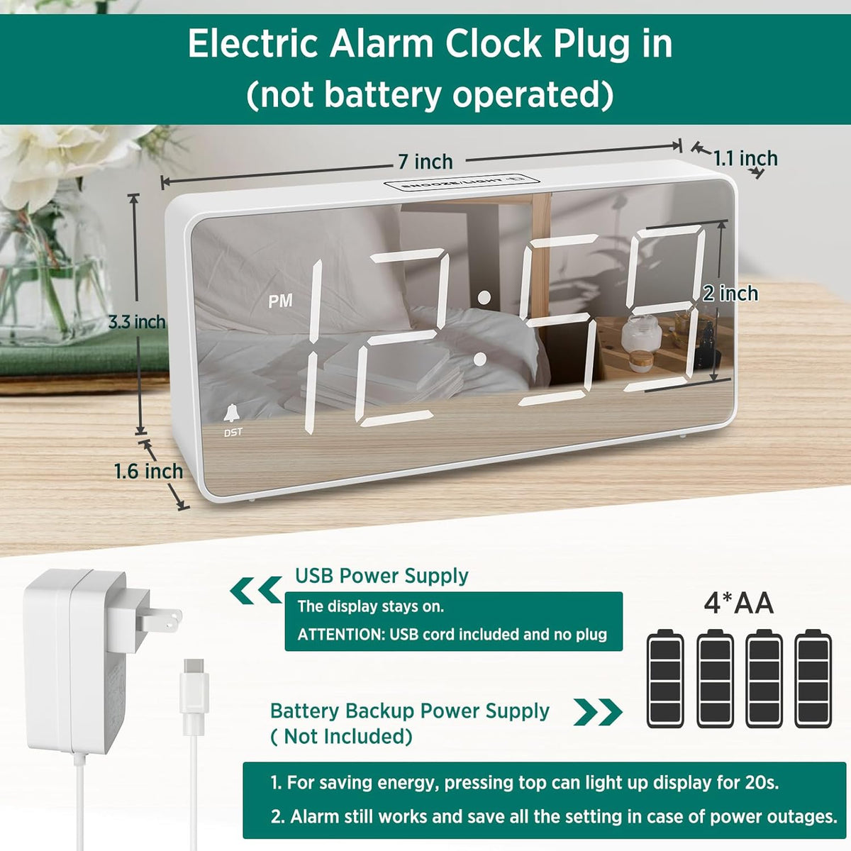 Peakeep Digital Alarm Clock for Bedroom Bedside, Large Display, USB Charger