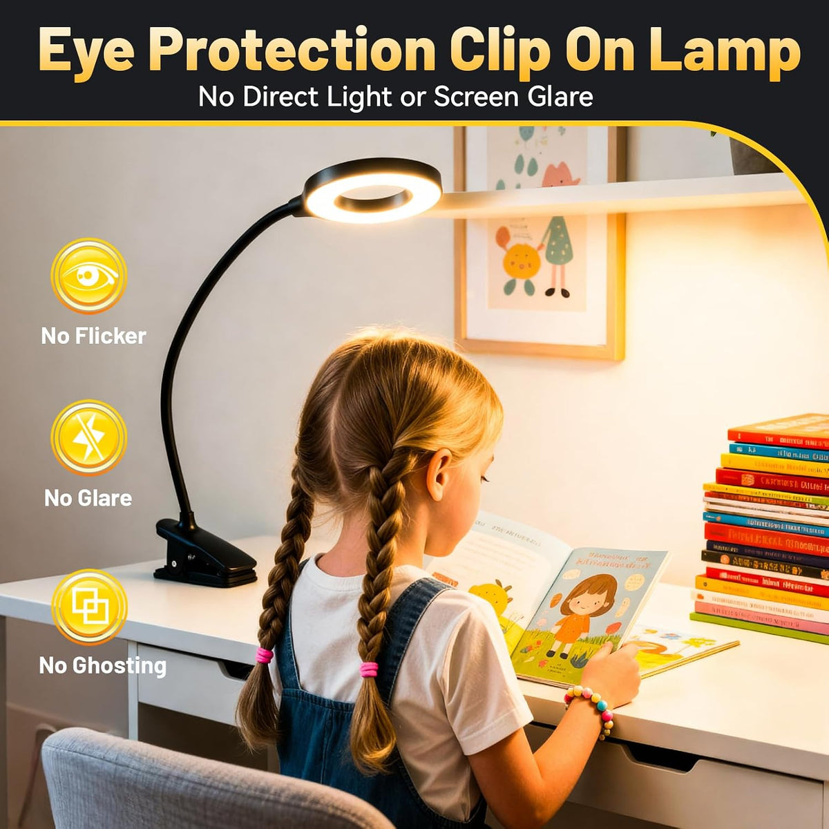 Clip on Reading Light for Bed Headboard, 5 Colors & 5 Brightness, Black