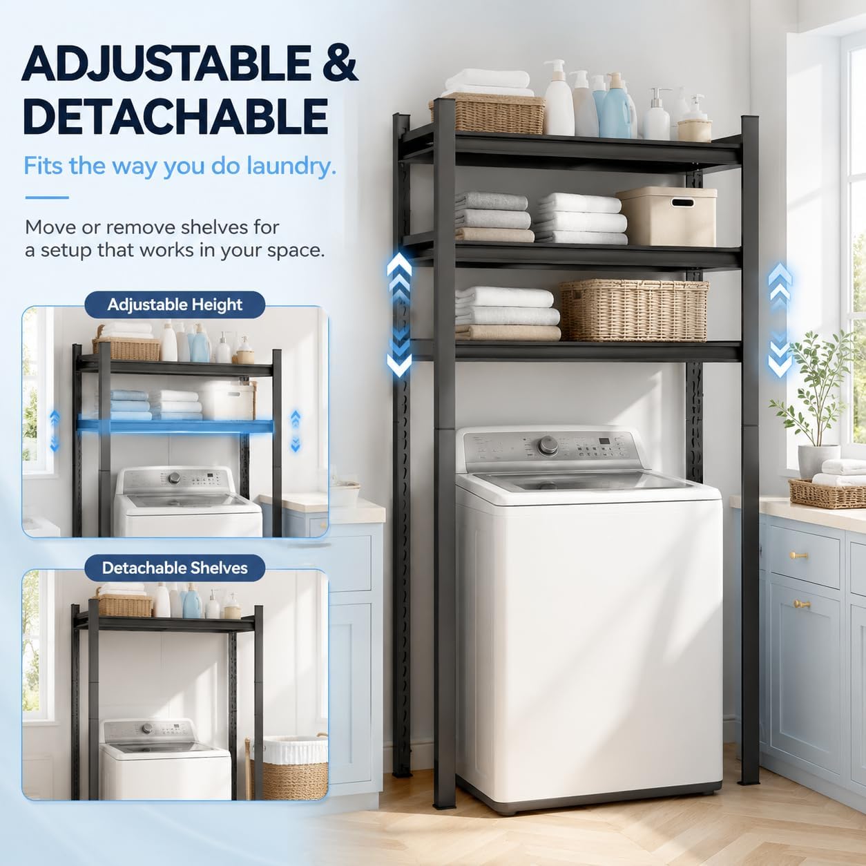 Over Washer and Dryer Shelves, Adjustable 5 Tier Metal Laundry Room Organizer and Storage Rack, Heavy Duty Utility Shelving Unit, 36"Wx 16"Dx 72"H Rust Resistant Steel Freestanding Shelf, Black