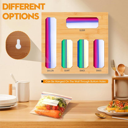 9 in 1 Foil and Plastic Wrap Dispenser with Cutter, Black Bamboo Ziplock Bag Organizer for Drawer - Holds Gallon, Quart Bags & Aluminum Foil/Wax Paper, Wall Mountable Kitchen Storage