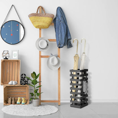 Tudomro Umbrella Stands for Entryway Large Metal Umbrella Holder 6.3 x 5.5 x 16.5 Inches with Removable Water Tray and Hooks Decor Freestanding Rectangular Hollow Rack for Home Office(Black)