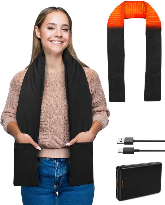 Electric Heated Scarf Pad Cordless 63'' Length Heating Soft Warmer with 10000mAh Rechargeable USB Power Bank, Adjustable 3 Heat Settings, Portable Wrap for Neck Brace and Shoulder, Black