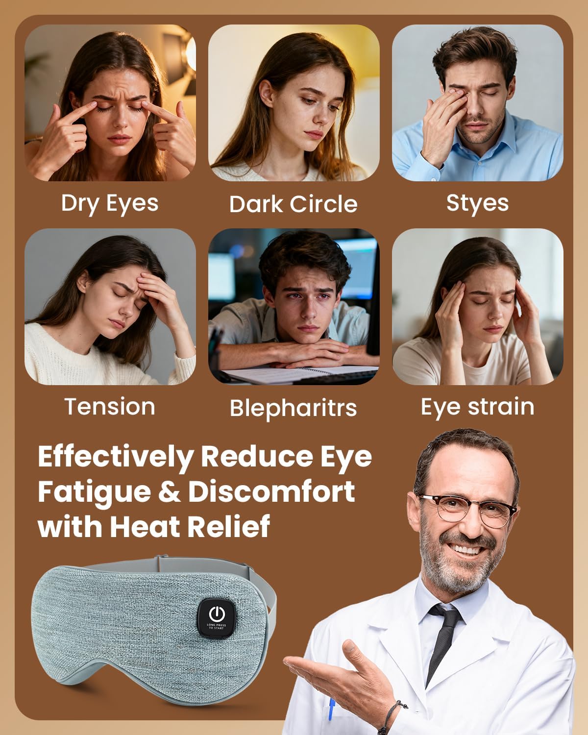 Cordless Heated Eye Mask, Rechargeable Mask with 4 Heat Levels for Dry Eyes