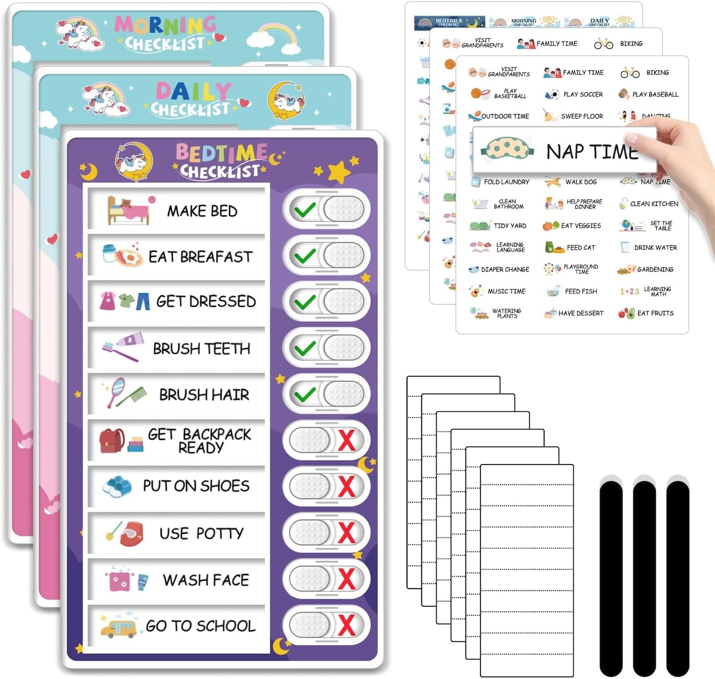 CustomMaster 3 in 1 Bedtime/Morning/Daily Routine Chart for Kids, Magnetic Chore Chart for Kid, Visual Schedule for Kid Toddlers