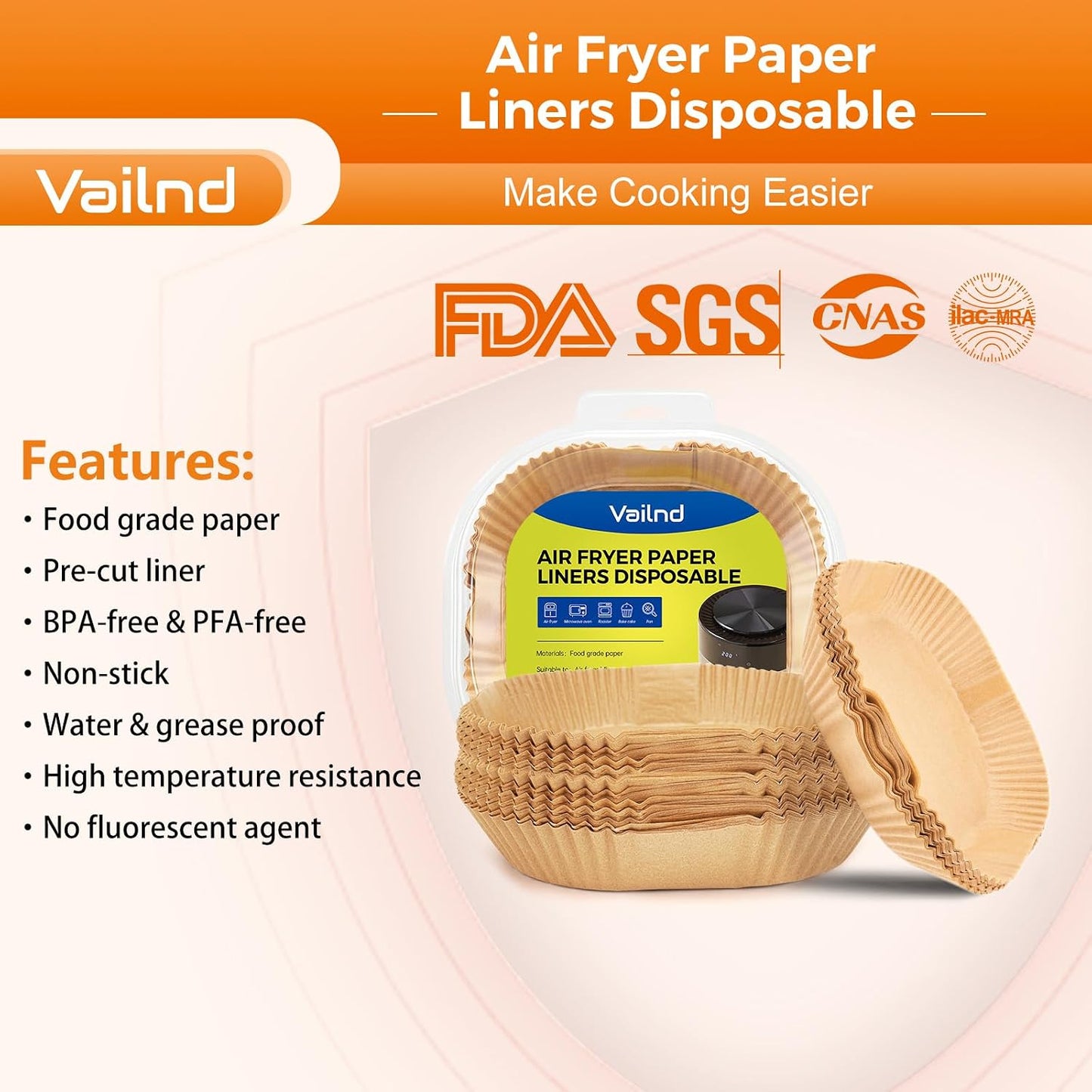 Vailnd Air Fryer Paper Liners, 200pcs Air Fryer Liners Disposable 8" Square | Baking Paper Liner for 5-8 qt Airfryer Basket, Non-stick and Oil Proof Parchment Paper for Oven, Pans & Baking