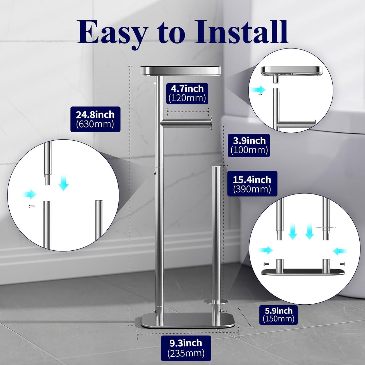 Kitsure Metal Toilet Paper Holder Free Standing, Medium, Black | Rustproof Toilet Paper Stand for 4 Rolls, Bathroom Organizers and Storage with Anti-Slip Base and Plastic Shelf