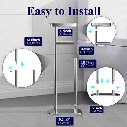 Kitsure Metal Toilet Paper Holder Free Standing, Medium, Black | Rustproof Toilet Paper Stand for 4 Rolls, Bathroom Organizers and Storage with Anti-Slip Base and Plastic Shelf