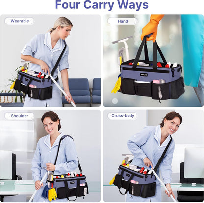 JKAOO Large Wearable Cleaning Caddy Bag with Handles, Denim Blue | Adjustable Shoulder & Waist Straps, Removable, Waterproof Tote for Cleaning Supplies, Home, Car, Office