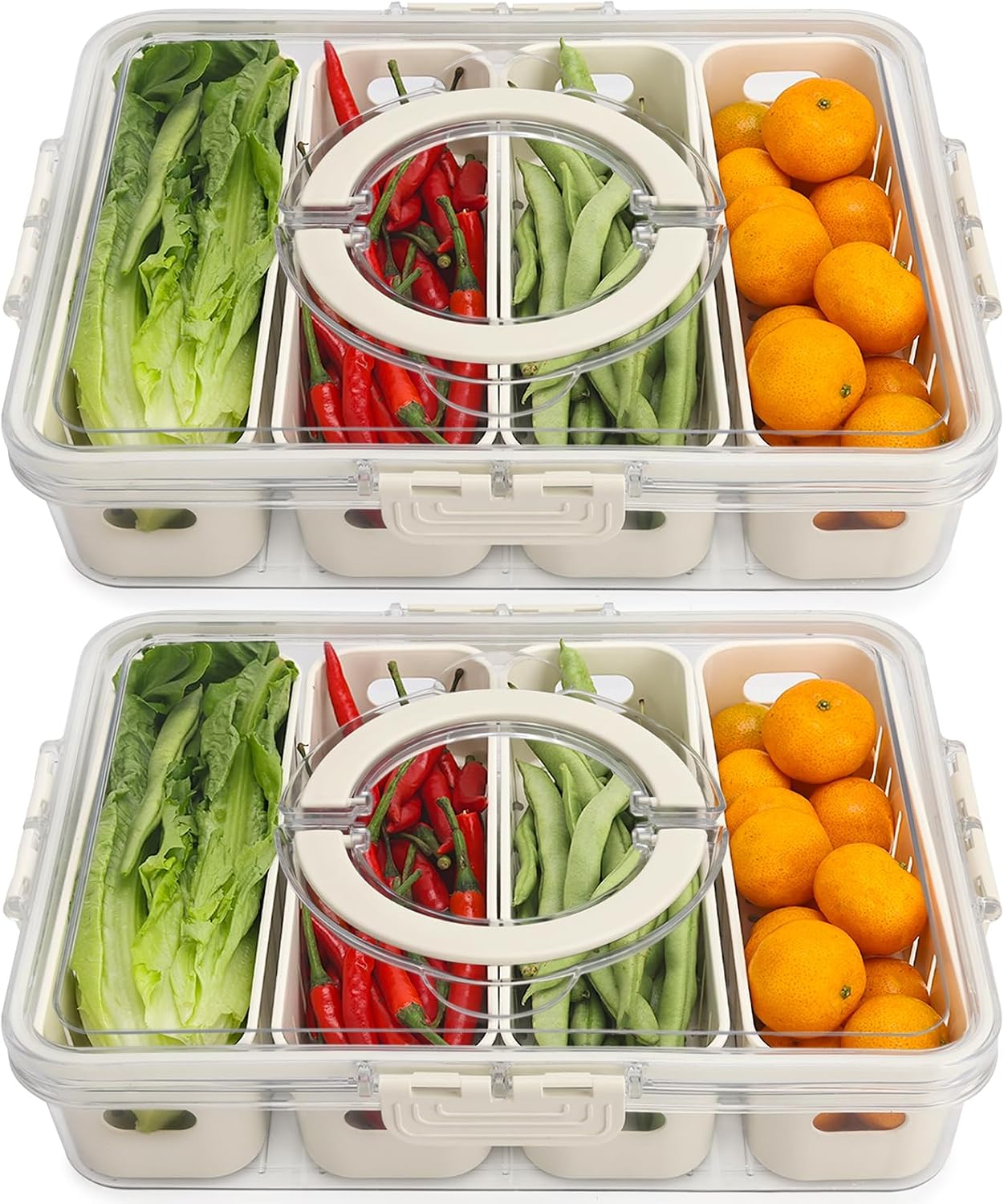 Fruit Storage Containers for Fridge with Lid and Handle, Veggie Tray Bins | Portable Fresh Produce Saver, Food Storage Container with 4 Removable Strainers,Salad Bar for Berry, Vegetable, Refrigerator