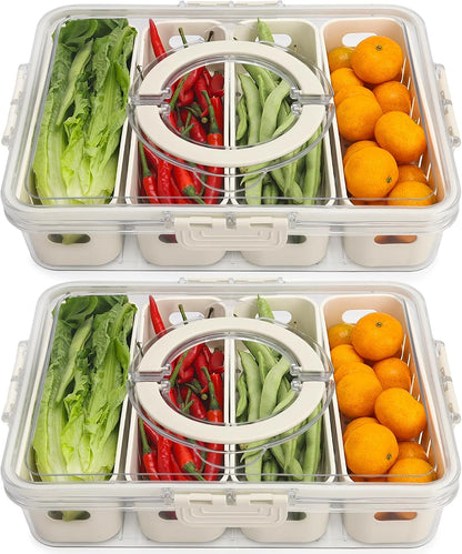 Fruit Storage Containers for Fridge with Lid and Handle, Veggie Tray Bins | Portable Fresh Produce Saver, Food Storage Container with 4 Removable Strainers,Salad Bar for Berry, Vegetable, Refrigerator