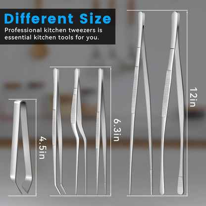 HOTEC Kitchen Tweezers Tongs Stainless Steel, Set of 6 - Professional Cooking Tweezers for Cooking, Chefs, BBQ, Seafood, Baking & Repair