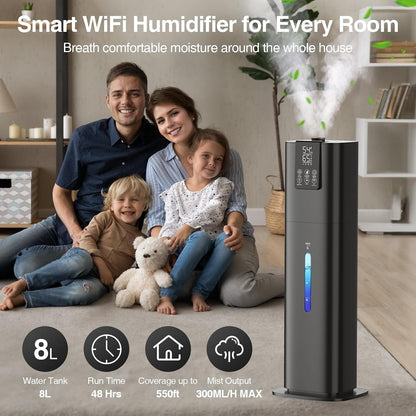 Smart Humidifiers Large Room Bedroom Home,2.11Gal(8L) Quiet Top Fill Cool Mist Humidifier,Smart App & Remote Control, 3 Speed Humidifier with 360°Nozzle,Humidity Setting for Baby Office Plant(White)