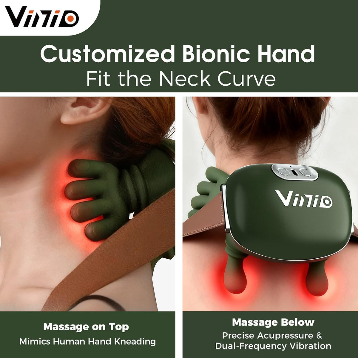 Vinid Bionic Neck and Shoulder Massager with Heat, 4D Kneading Massage, Simulated Human Hand Design for Pain Relief and Muscle Relax, Neck Massager Pillow Ideal for Valentines Gift, Green