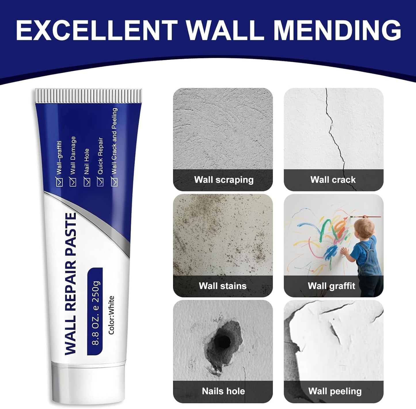 Drywall Repair Kit – Wall Repair Paste for Cracks & Holes, Fast-Drying Spackle with Scraper & Sandpaper, Multi-Purpose Wall Mending Compound for Indoor Outdoor Use (1 Pack)