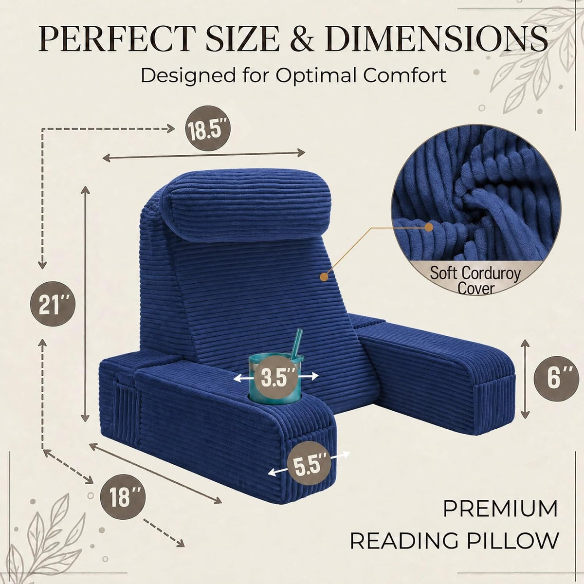 21 INCH Reading Pillow for Adults, Back Pillow for Bed Sitting Up, Backrest Pillow for Sitting in Bed, Detachable Arms with Built-in Cup & Phone Caddy (Gray, 21 INCH)