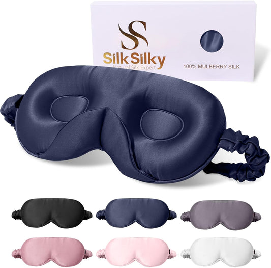 SilkSilky 100% 22 Momme Mulberry Silk Sleep Mask, Dark Blue