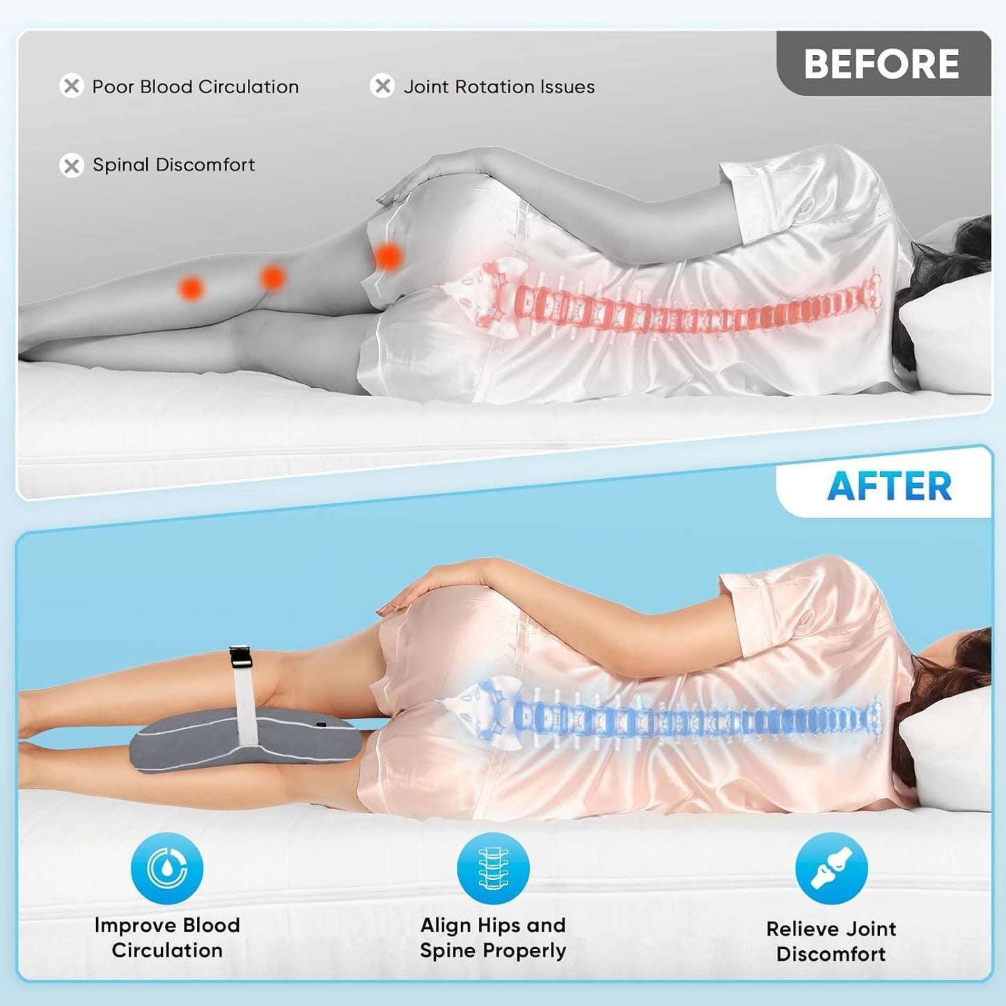 Knee Pillow with Adjustable Securing Strap for Side Sleepers | Fully Supports Knees & Thighs, Leg Support with Soft Strap, Aligns Spine, For Side Sleeping Between Legs, Orthopedic Relief