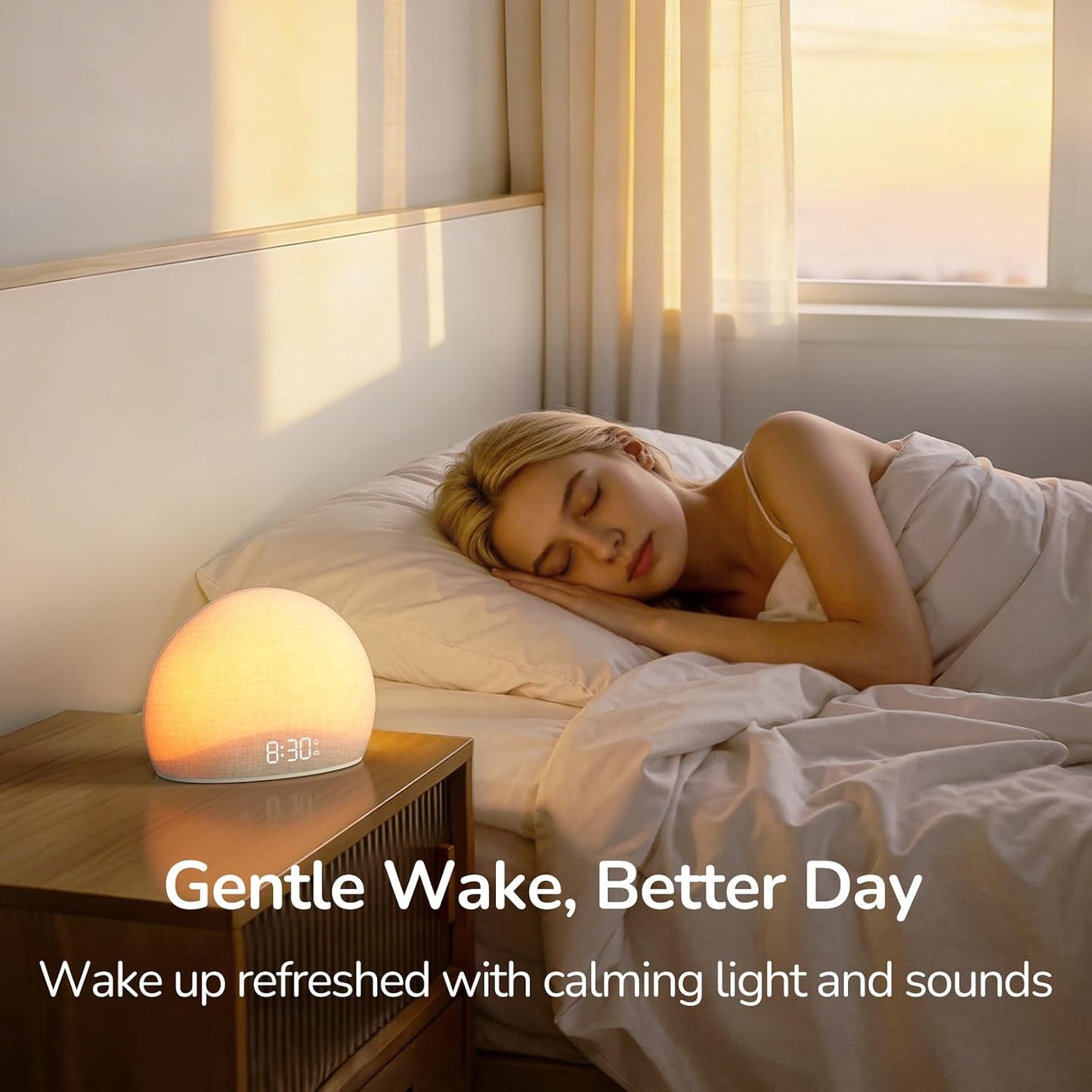 HOUSBAY Sunrise Alarm Clock with Bluetooth Speaker & Radio | Wake Up Light, 6 Gentle Alarm Sounds, Full-Range Dimmable Night Light & Display, Relaxing Bedside Companion, Fabric Finish