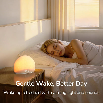 HOUSBAY Sunrise Alarm Clock with Bluetooth Speaker & Radio | Wake Up Light, 6 Gentle Alarm Sounds, Full-Range Dimmable Night Light & Display, Relaxing Bedside Companion, Fabric Finish