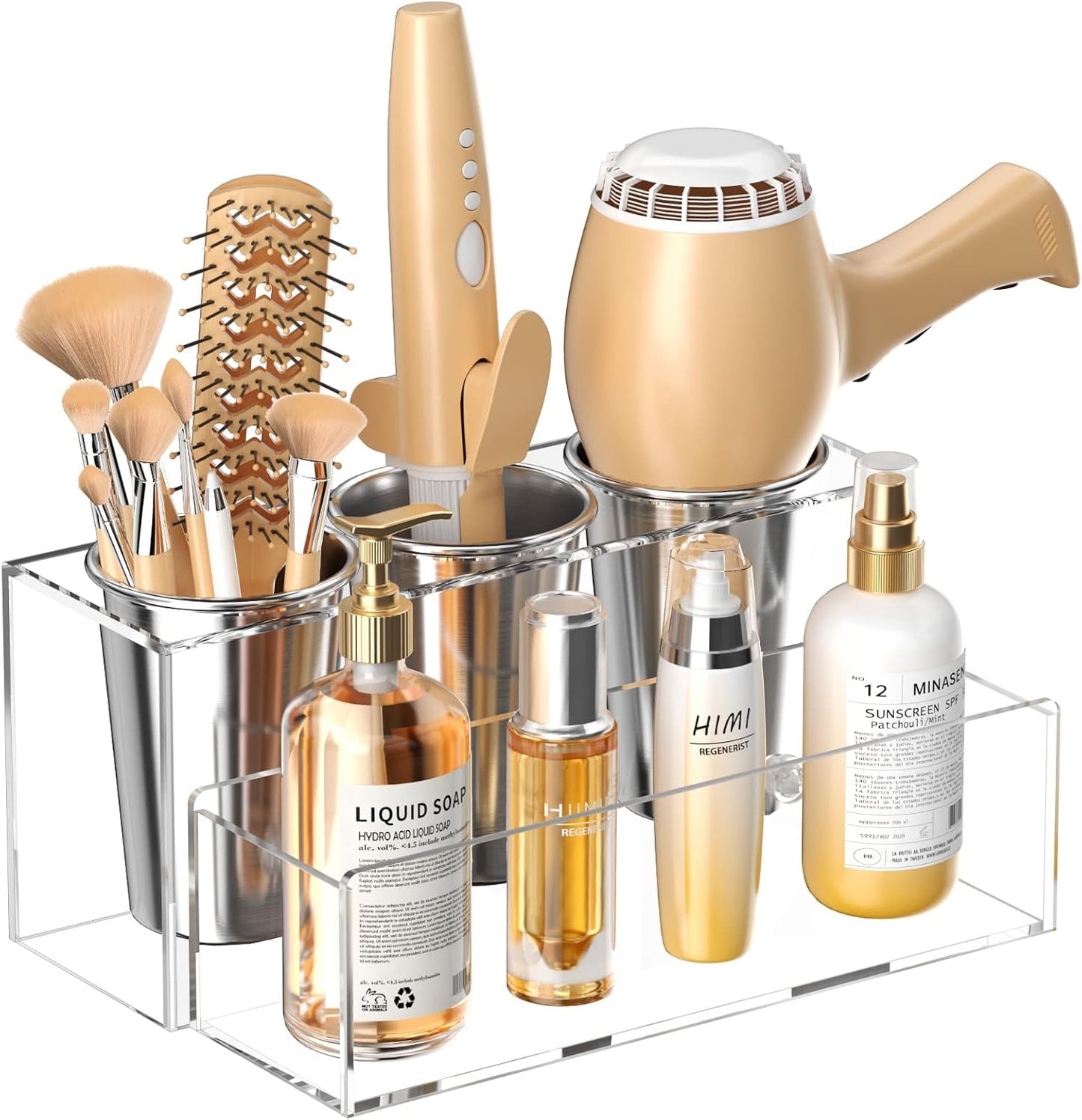 Hair Tool Organizer, Acrylic Hair Dryer Holder, Bathroom Countertop Blow Dryer Stand Storage, Vanity Organizer for Accessories, Makeup, Flat Irons, Curling Irons, and Toiletries (White)