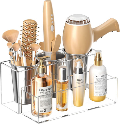 Hair Tool Organizer, Acrylic Hair Dryer Holder, Bathroom Countertop Blow Dryer Stand Storage, Vanity Organizer for Accessories, Makeup, Flat Irons, Curling Irons, and Toiletries (White)