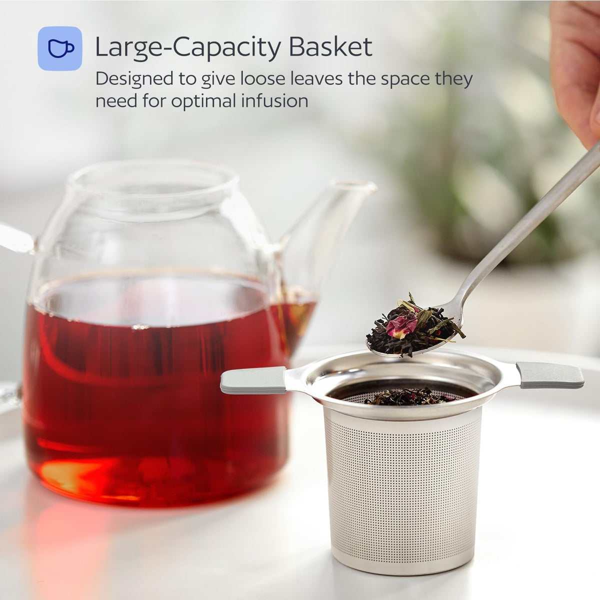 Stainless Steel Tea Infuser for Loose Leaf Tea – Extra Fine Mesh Strainer with Heat Proof Double Handles & Lid, Reusable Filter Fits Mugs, Cups & Teapots, Gray