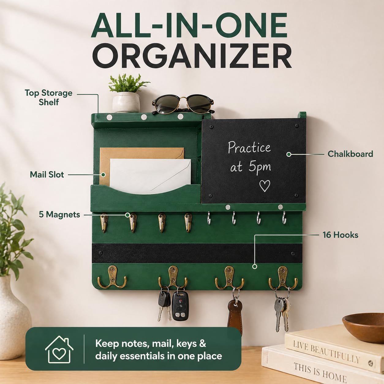 Key Holder for Wall Mount with Shelf and Mail Organizer, Key and Mail Holder with 16 Hooks, Farmhouse Entryway Organizer, Home Decor Rack (Pine Wood, White Washed)