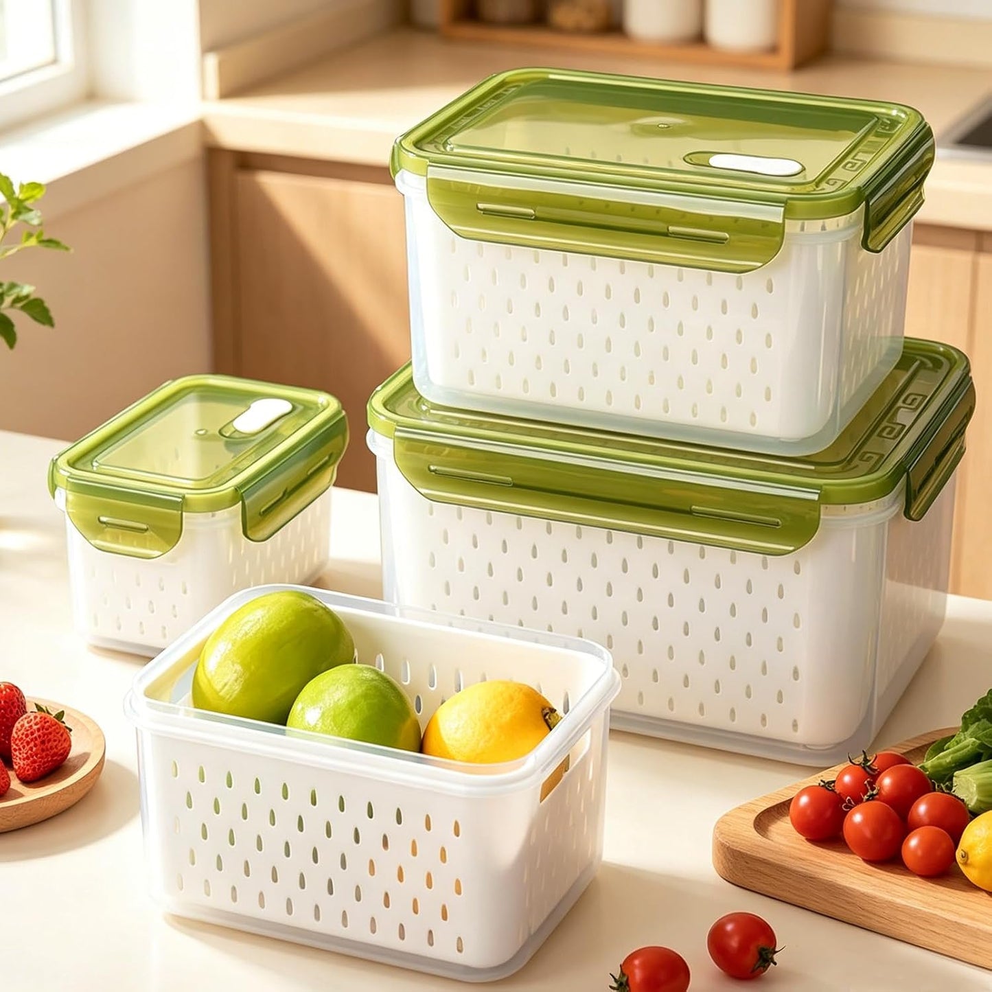 TBMax Fruit Storage Containers for Fridge Organizers and Storage, 4 Pack Large Produce Saver with Airtight Lid & Colander for Berry Lettuce Salad Vegetable Storage, Refrigerator Organizers