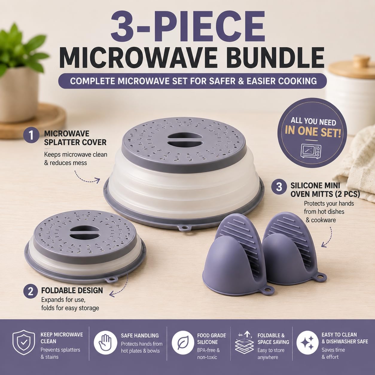 3-in-1 Collapsible Silicone Microwave Splatter Cover, BPA-Free Vented Microwave Cover for Food with 2 Mini Silicone Oven Mitts, Dishwasher Safe, Heat Resistant,Fits Plates Up to 10.5 Inches
