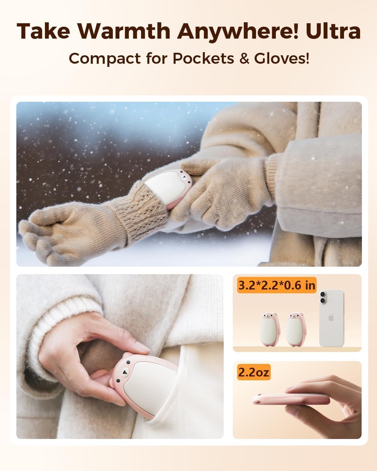 SWEETFULL Hand Warmers Rechargeable, 2-in-1 Magnetic Bear Electric | Cute Bear; Snap Together/Split Use; 3 Heat Levels; UL Safe; Reusable Portable Pocket Warmer for Kids & Wife, Camping & Gifts