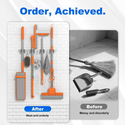 Broom Holder Wall Mount Mop Organizer, 5 Racks 4 Hooks | Premium Stainless Steel Mop Holder Storage Tool Utility Racks Solid for Home Kitchen Garden Laundry Garage