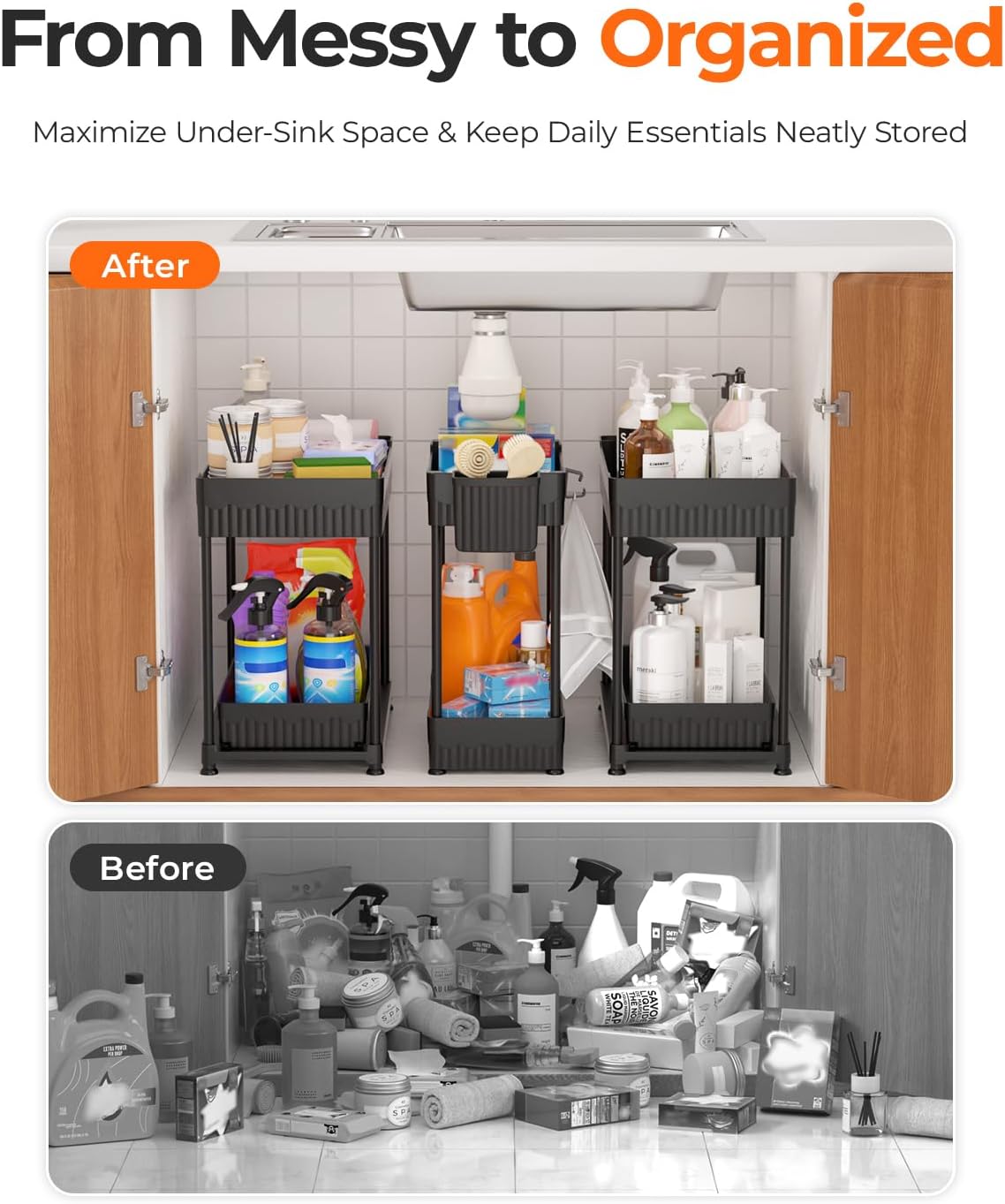 3-Pack 2-Tier Under Sink Organizers with Sliding Drawers | Multi-use kitchen & bathroom storage, 12.8 inch black cabinet organizer, space-saving sliding drawer design.