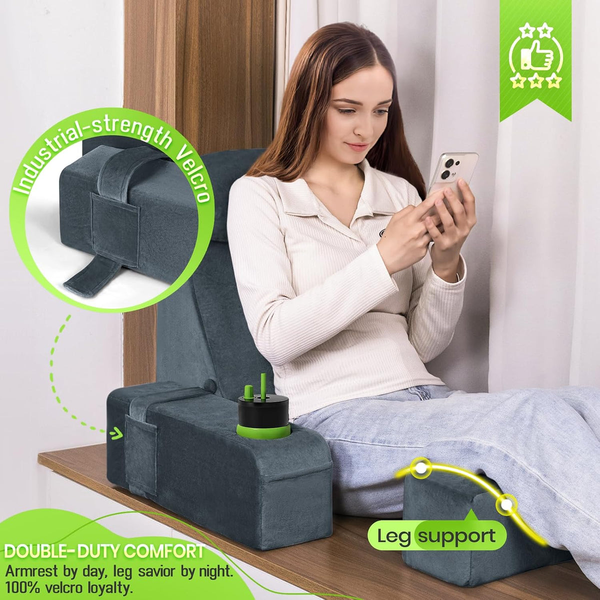 21 INCH Reading Pillow for Adults, Back Pillow for Bed Sitting Up, Backrest Pillow for Sitting in Bed, Detachable Arms with Built-in Cup & Phone Caddy (Gray, 21 INCH)