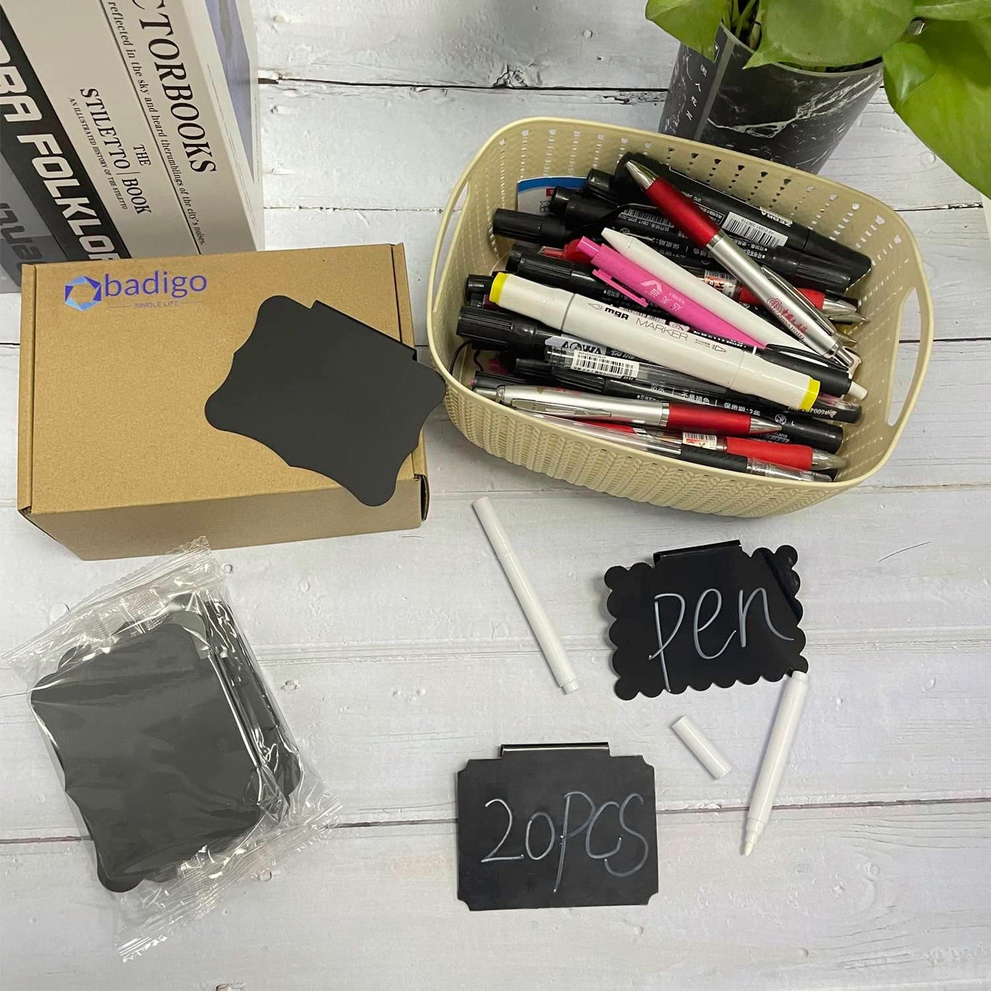 20 Basket Labels Clip On, Reusable Labels for Storage Bins, Removable Chalk Labels for Containers, Kitchen Closet Baskets and Storage Basket Holders with 2 White Chalk Markers