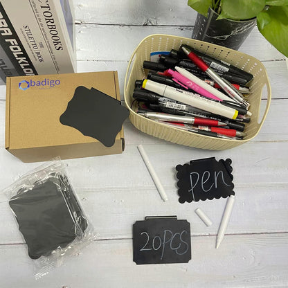 20 Basket Labels Clip On, Reusable Labels for Storage Bins, Removable Chalk Labels for Containers, Kitchen Closet Baskets and Storage Basket Holders with 2 White Chalk Markers
