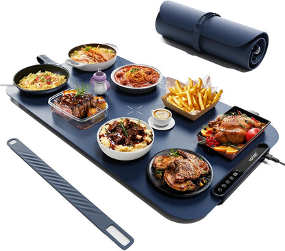 Warming Mat for Food, Voriah Electric Warming Tray with 3 Temp Settings & Auto Shut-Off, Food Warmer with Thick Silicone Surface to Keep Food Warm at Buffet, Parties, and Family Use（Dark Blue）
