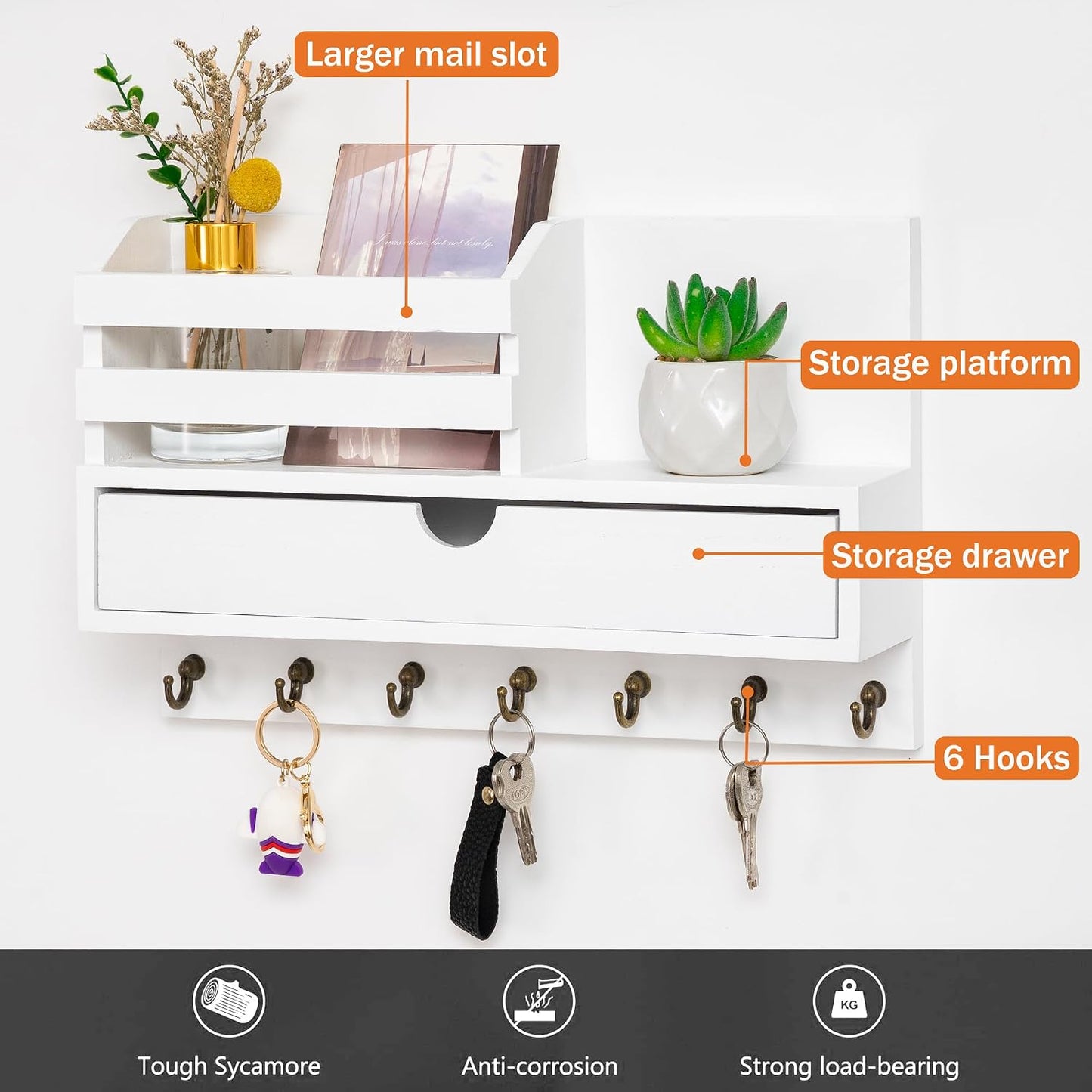 dreampossible Key and Mail Holder for Wall, Mail Organizer Wall Mount with 6 Hooks and Storage Drawer, Wooden Key Rack Hanger with Shelf for Entryway and Home Decor
