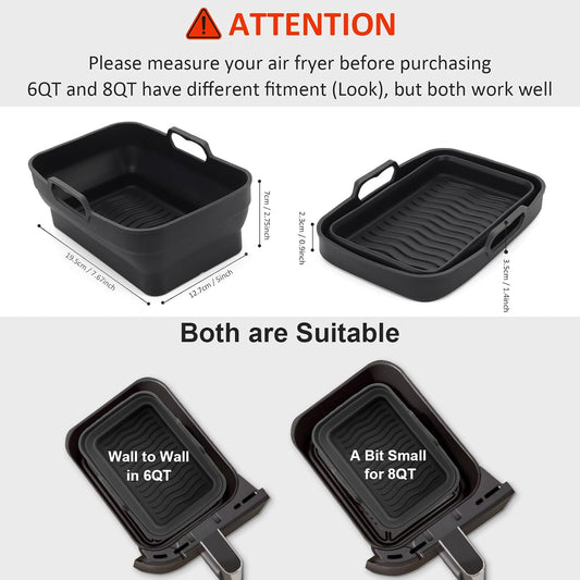 2Pcs Air Fryer Silicone Liners with Magnetic Cheat Sheet, 8-10 QT, Grey | 2 Pack, Reusable, Replacement Basket Bowl, Collapsible Baking Tray, Air Fryer Accessories