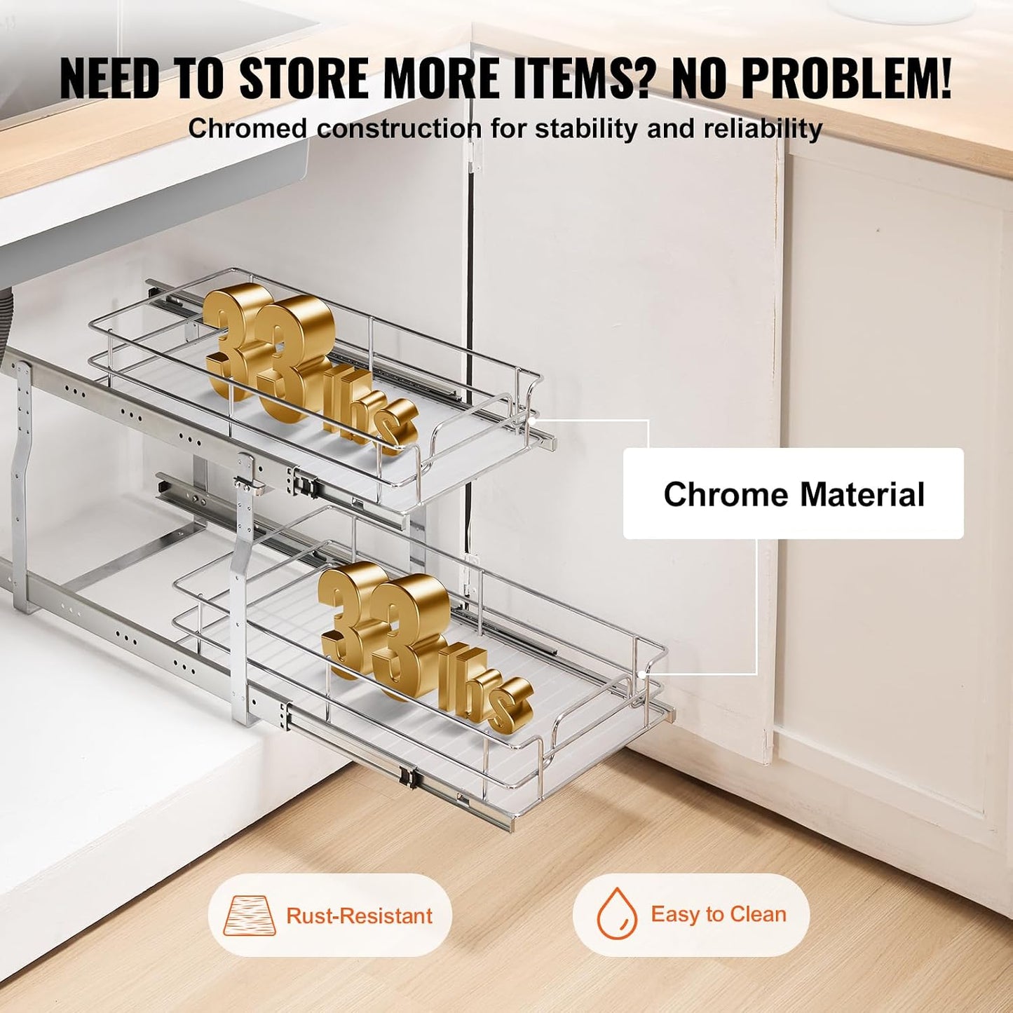 VEVOR Pull Out Cabinet Organizer, 14" Wx21.2 Dx15.2 H Heavy 2 Tier Duty Slide Out Pantry Shelves, Chrome-Plated Steel Roll Out Drawer for Under Sink, 15.5" Wx22.5 Dx19 H Install Size for Cabinet