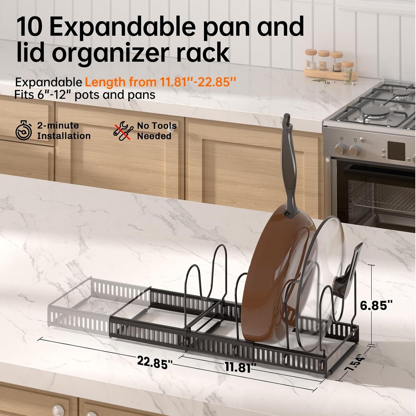 MUDEELA Expandable Pot Pan Lid Organizers inside Cabinet, 10 Divider-Black | Expandable 11.8–22.9", 10 Adjustable Divider, Tool-Free Assembly, Non-Slip, Scratch-Proof, For Pan Lid Cutting Board Bakeware