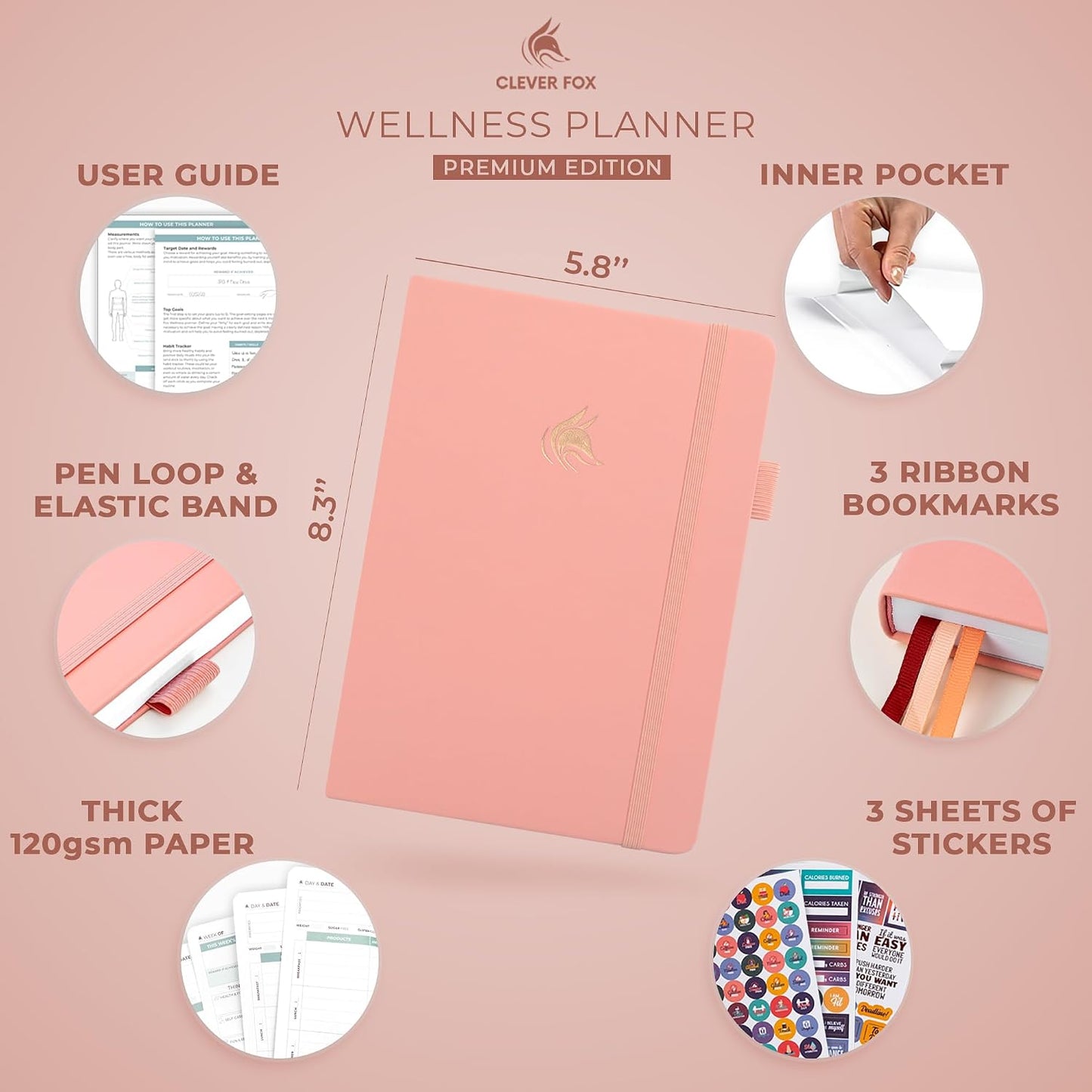 Clever Fox Wellness Planner & Food Journal for Weight Loss, A5 Orange | 5.8"x8.3" nutrition & exercise tracker for women tracking meals, diet & symptom diary, calorie counter notebook, stickers