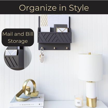 BLU MONACO Wall-Mounted Mail and Key Holder – Natural Wood 2-Tier Letter Organizer with 3 Hooks | Entryway Command Center for Mail, Keys, and Documents