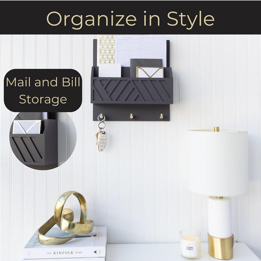 BLU MONACO Wall-Mounted Mail and Key Holder – Natural Wood 2-Tier Letter Organizer with 3 Hooks | Entryway Command Center for Mail, Keys, and Documents