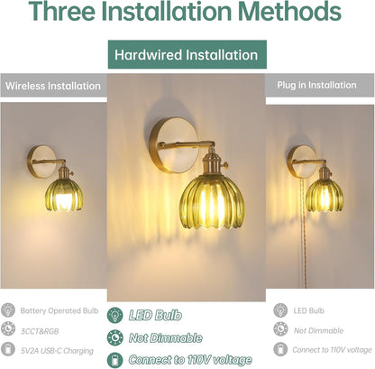 Shenmoyl Vintage Battery Operated Wall Sconce with Green Tulip Glass Lampshade Rechargeable Battery Powered Wall Light with Remote Control for Bedside Bedroom Doorway