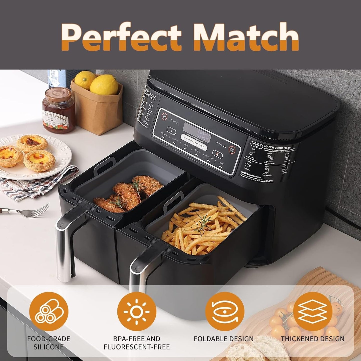 Collapsible Silicone Air Fryer Liners 8QT 10QT Ninja Dual (Gray) | 2 Pack Food Grade Platinum Silicone, Snug Rectangular Fit, Grease Drainage Ridges, Dishwasher Safe, BPA Free Basket Liner