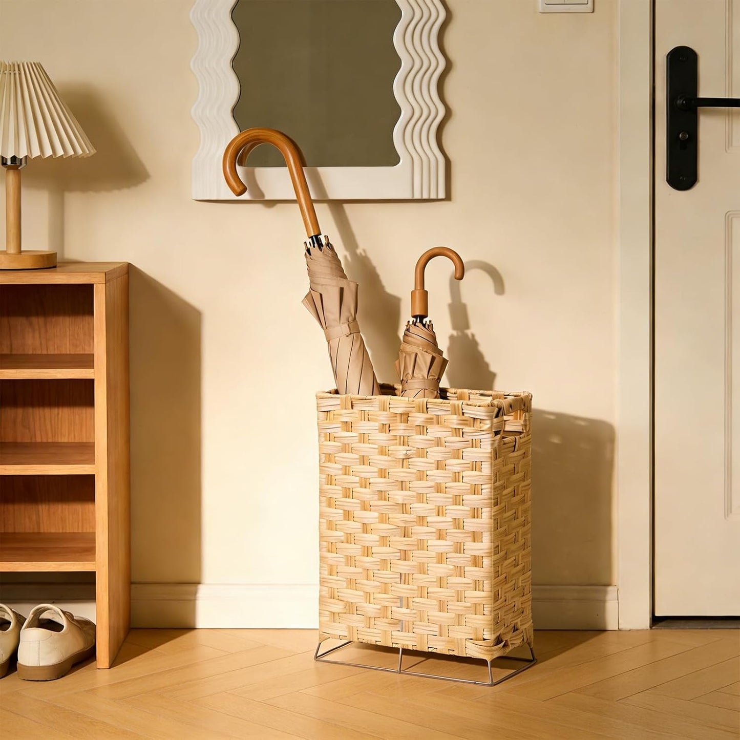 Rattan Umbrella Holder Basket Stand for Entryway | Handwoven, Indoor Umbrella Storage with Waterproof Base, Durable Metal Hooks & Removable Drip Tray