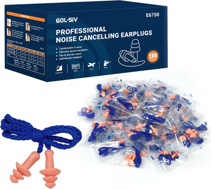 Silicone Corded Ear Plugs, 100 Pairs, SNR 32dB, Orange | Reusable noise reduction earplugs with string. Individually wrapped. For work, construction sites & industrial use.