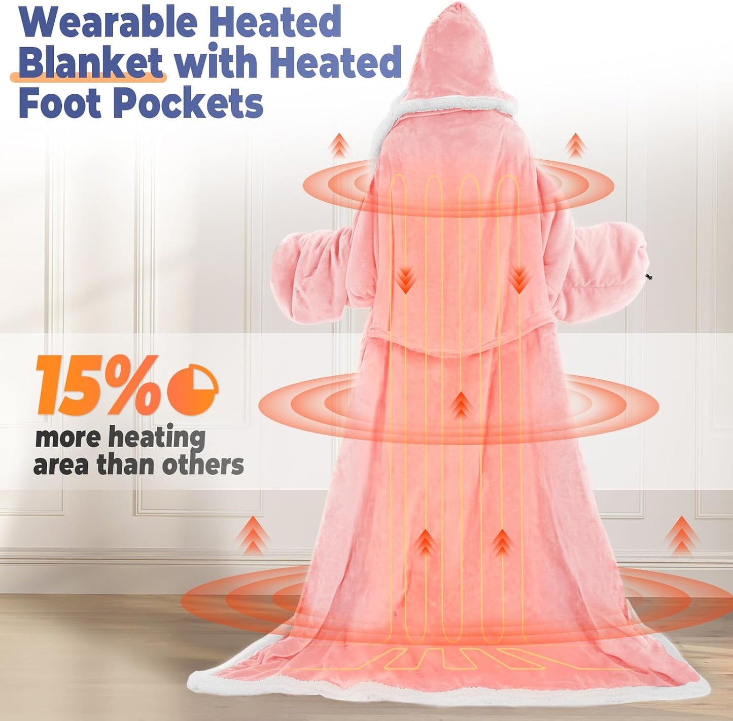 Wearable Heated Blanket with Foot Pocket, Electric Wearable Throw Blanket with Sleeves, Hood, Portable Heated Blanket with 8 Heat Settings, 1-10 Hours Auto Shut-off, Gift for Family, Friends, 50*70"