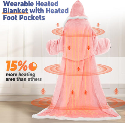 Wearable Heated Blanket with Foot Pocket, Electric Wearable Throw Blanket with Sleeves, Hood, Portable Heated Blanket with 8 Heat Settings, 1-10 Hours Auto Shut-off, Gift for Family, Friends, 50*70"